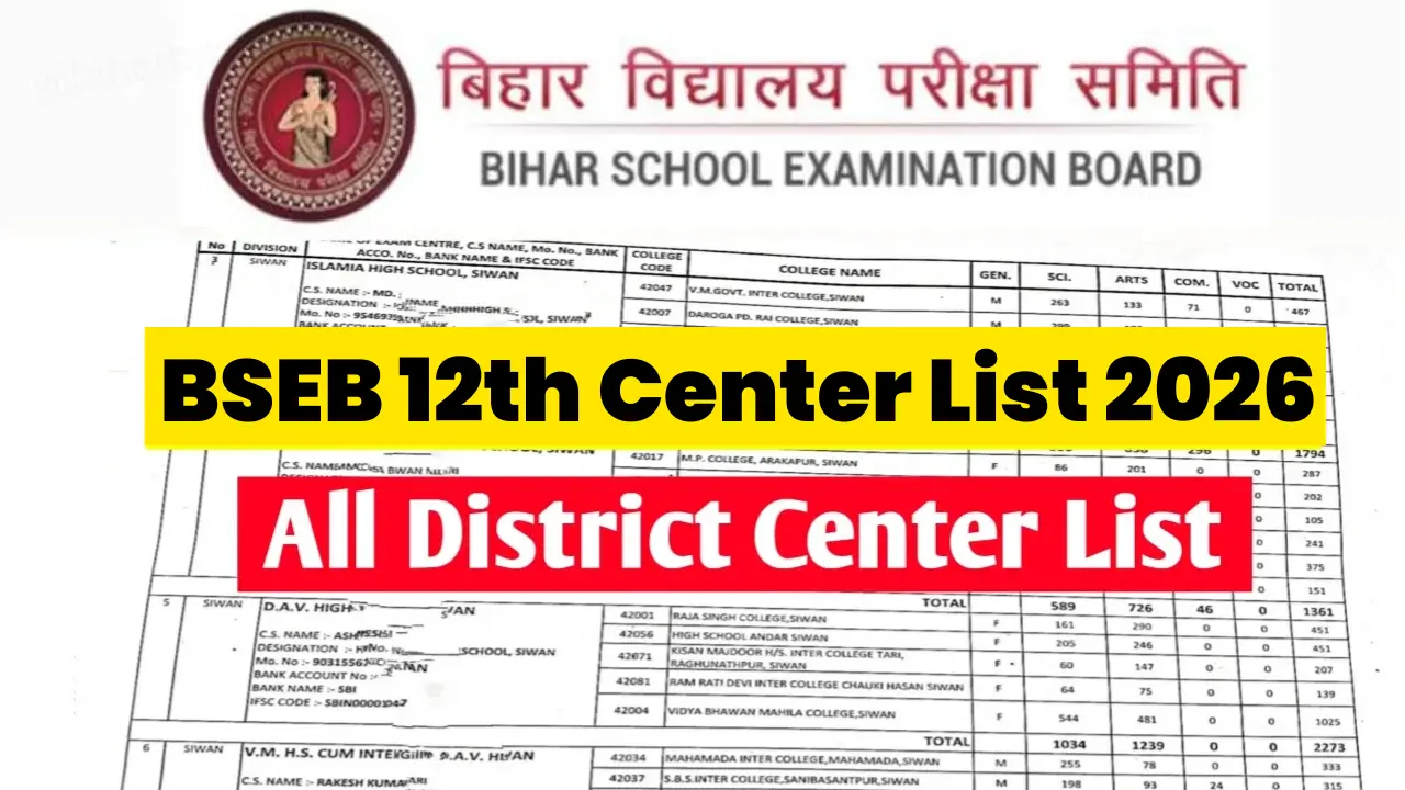 BSEB 12th Exam Center List 2026